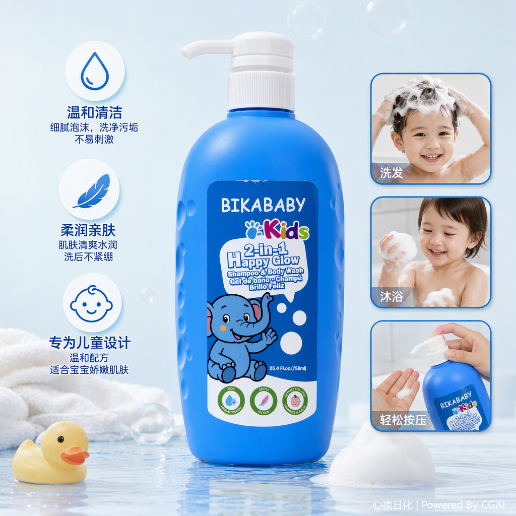 Children's shampoo and bath two-in-one, blue bottle, white pump head, gentle cleaning baby care product