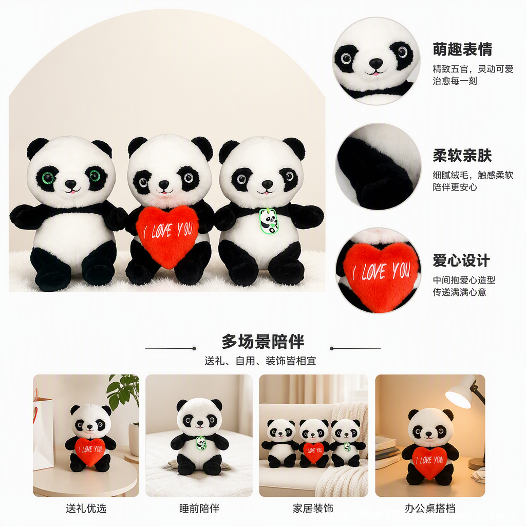 Three cute panda plush fabric handicrafts, children's gifts, throw pillows, throw pillow plush toys