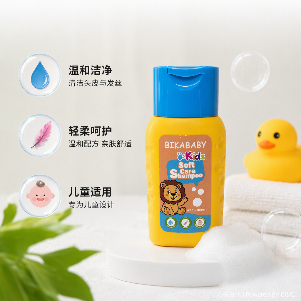 Children's shampoo, specially designed for babies, refreshing and nourishing. Yellow bottle, blue cap, gentle and tear-free formula, suitable for toddler care