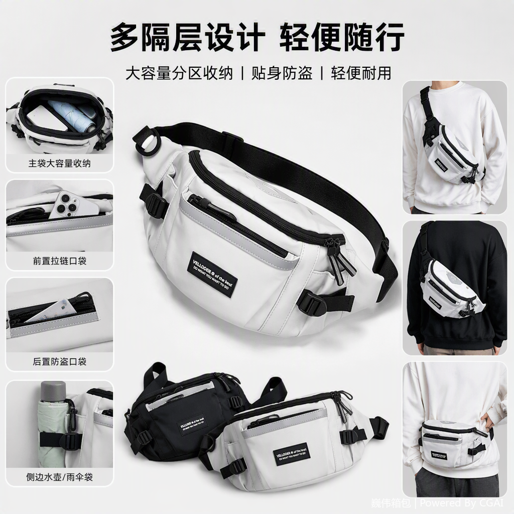 The multi-color spliced casual waist bag in beige, black and gray is a simple, fashionable and multi-functional sports bag suitable for both men and women detail image 1