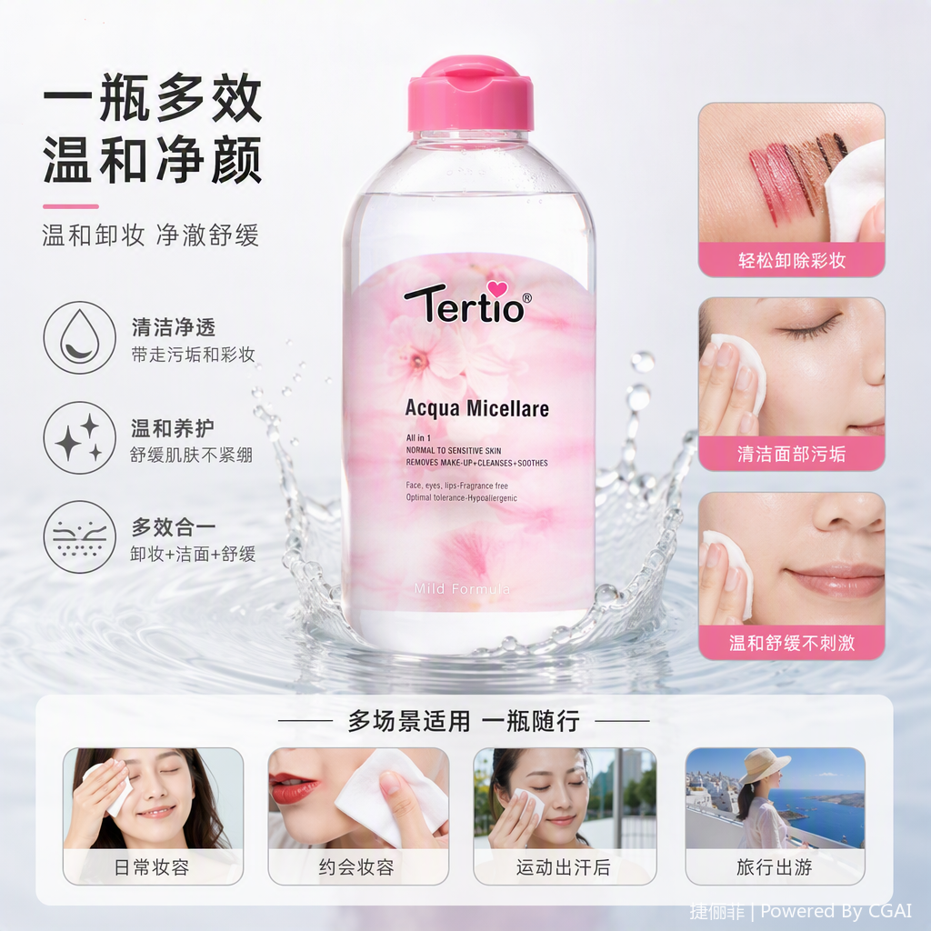 Gentle makeup remover water, pink bottle cap, transparent bottle body, deep cleansing, hydrating and moisturizing, gentle and non-irritating, suitable for all face
