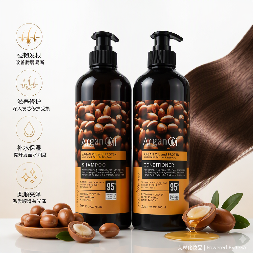 Nourishing and Repairing Shampoo and Conditioner Set Argan Oil Nut pattern Black bottle with pump head Hair Care combination