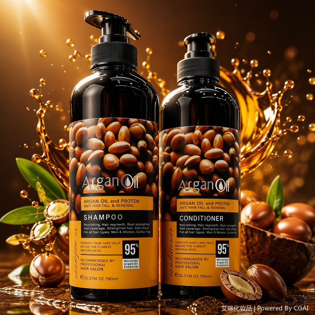 Nourishing and Repairing Shampoo and Conditioner Set Argan Oil Nut pattern Black bottle with pump head Hair Care combination Specification image
