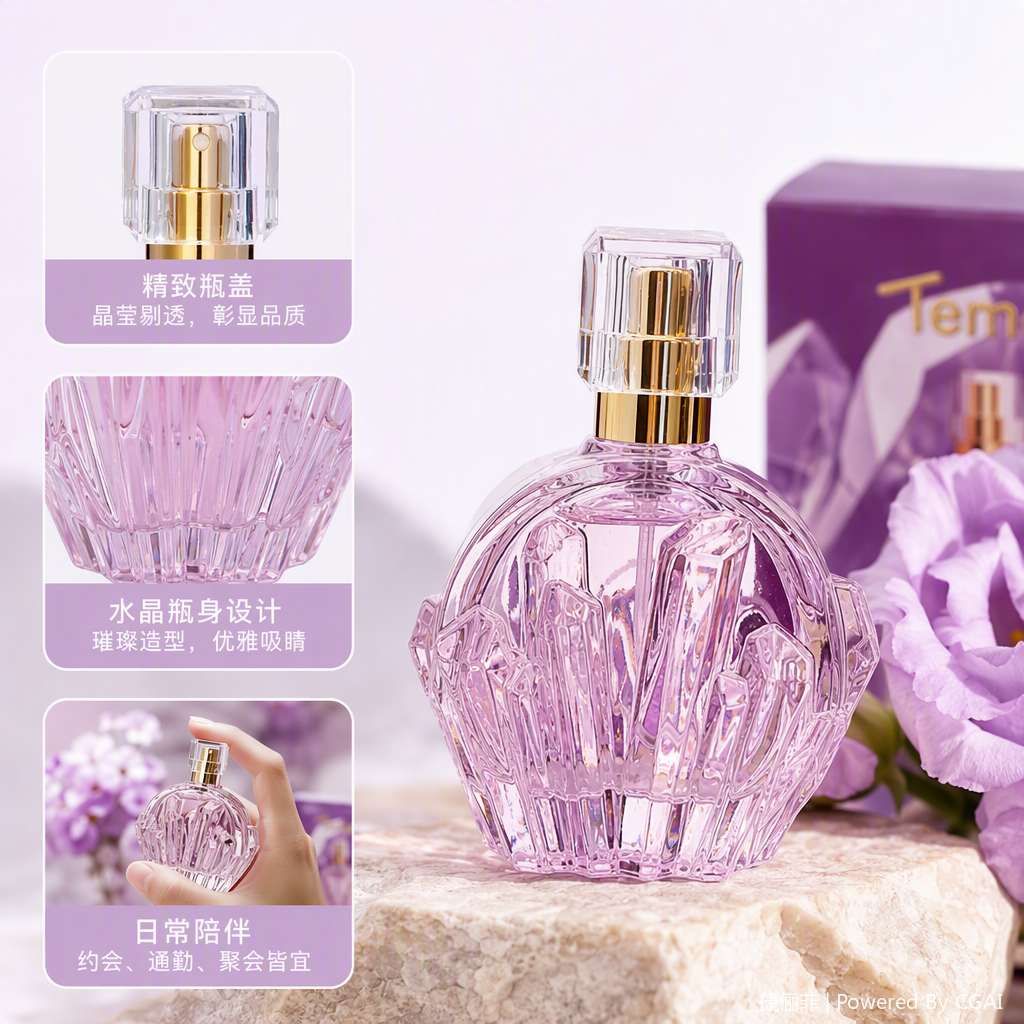 Pink crystal-shaped perfume bottle, exquisite and fashionable, long-lasting women's fragrance, eau de toilette gift box