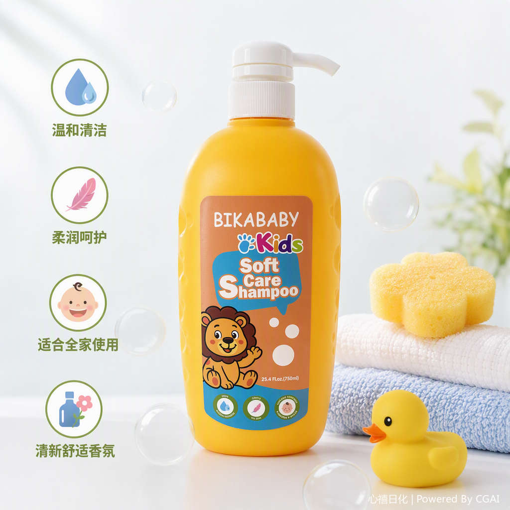 Children's shampoo specially designed for babies, with a yellow bottle and a white pump head. It is gentle, nourishing, cleaning and caring, suitable for young children's hair care products