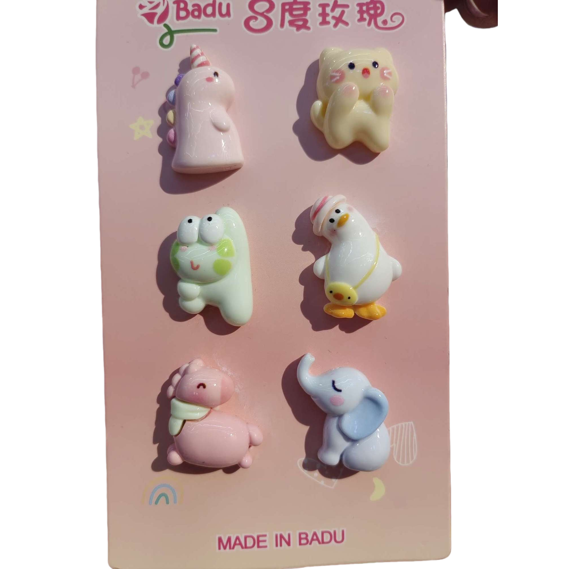 Pink card, six cartoon animal brooches, unicorn, kitten, frog, duck, piglet, elephant, cute accessories, gifts and decorations Item Picture