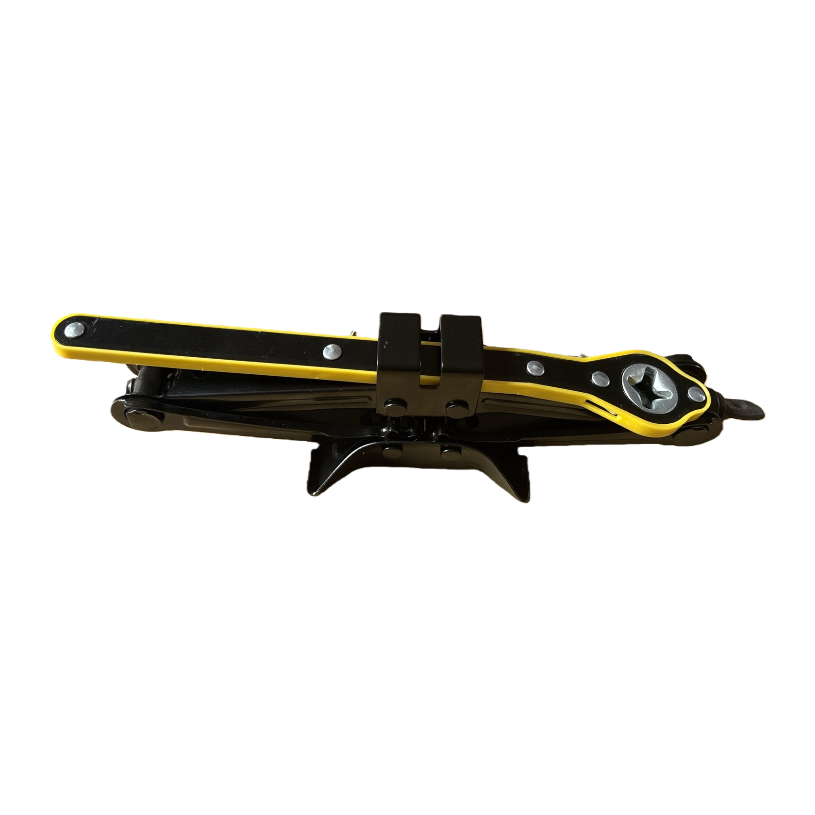 The multi-functional scissor jack is a black and yellow striped car maintenance tool, a lightweight and durable lifting and elevating device Item Picture