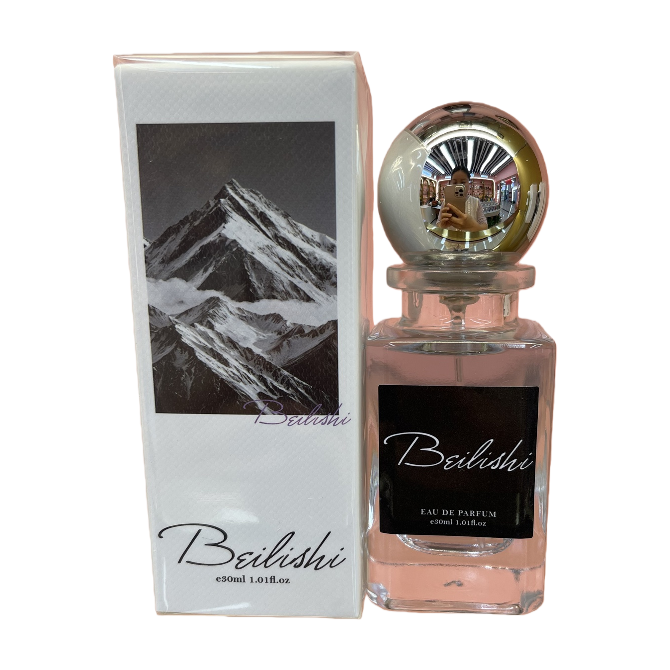 Ladies' fragrance spray, transparent glass bottle, silver spherical cap, snow-capped mountain pattern, white packaging, perfume and fragrance in a Chinese-Eastern style Item Picture