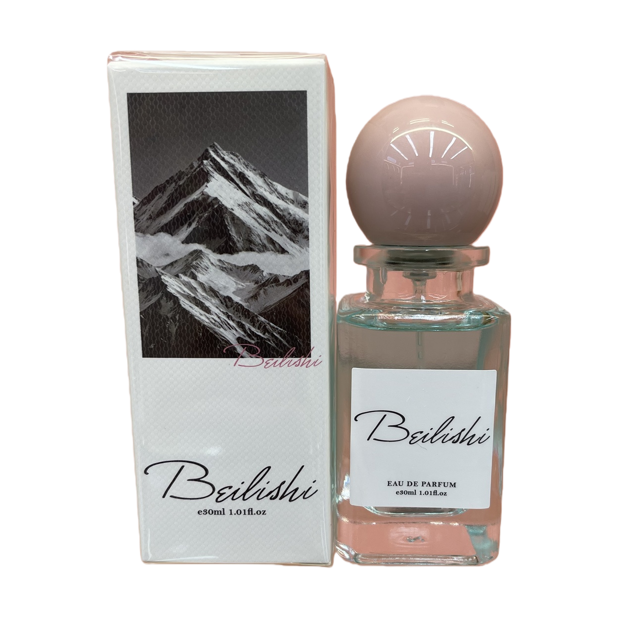 Ladies' perfume spray, transparent glass bottle, silver spherical cap, snow-capped mountain pattern, white packaging, perfume fragrance, Eastern and Western style Item Picture