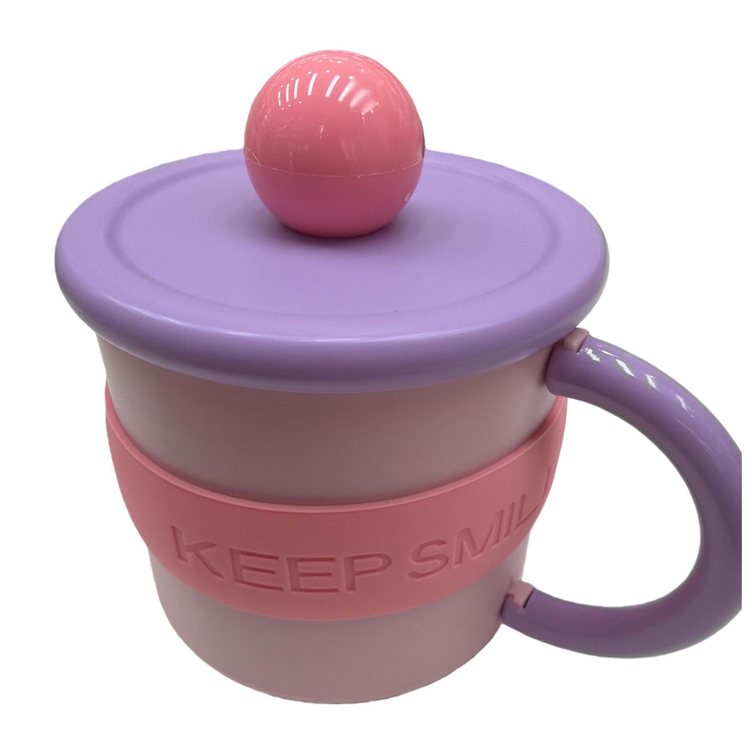 Pink and purple gradient insulated cup with pink spherical decorative lid and silicone sleeve, heat-resistant and heat-insulating portable water cup Item Picture