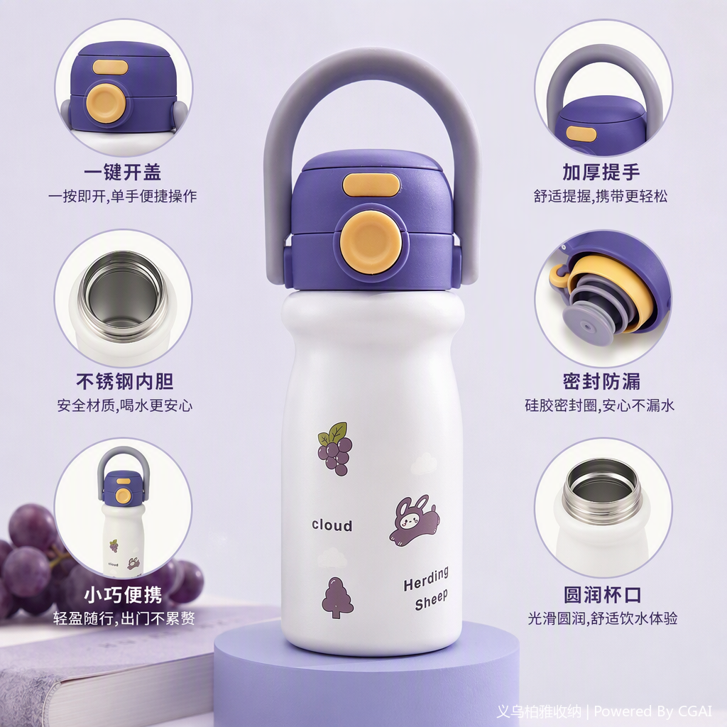 Fashionable purple glass water cup with handle, portable and creative tea cup, student household water appliance with large capacity