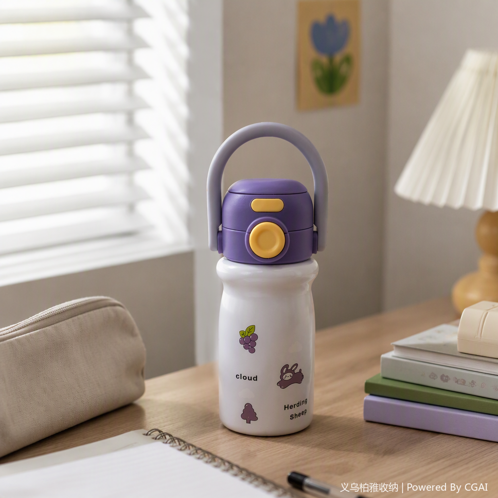 Fashionable purple glass water cup with handle, portable and creative tea cup, student household water appliance with large capacity details Picture