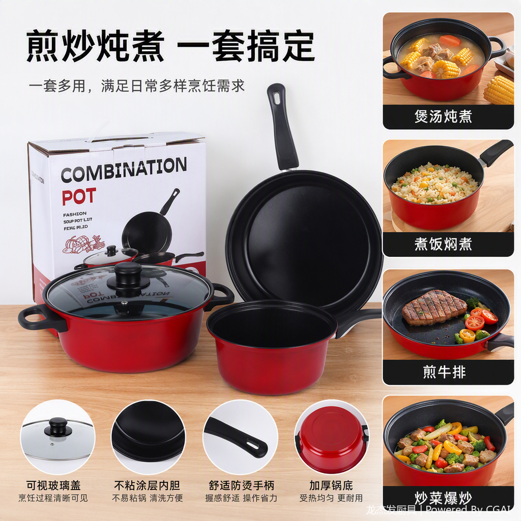 Multi-functional kitchen cookware set, household soup and stir-frying pot combination, practical and durable kitchenware products Item Picture