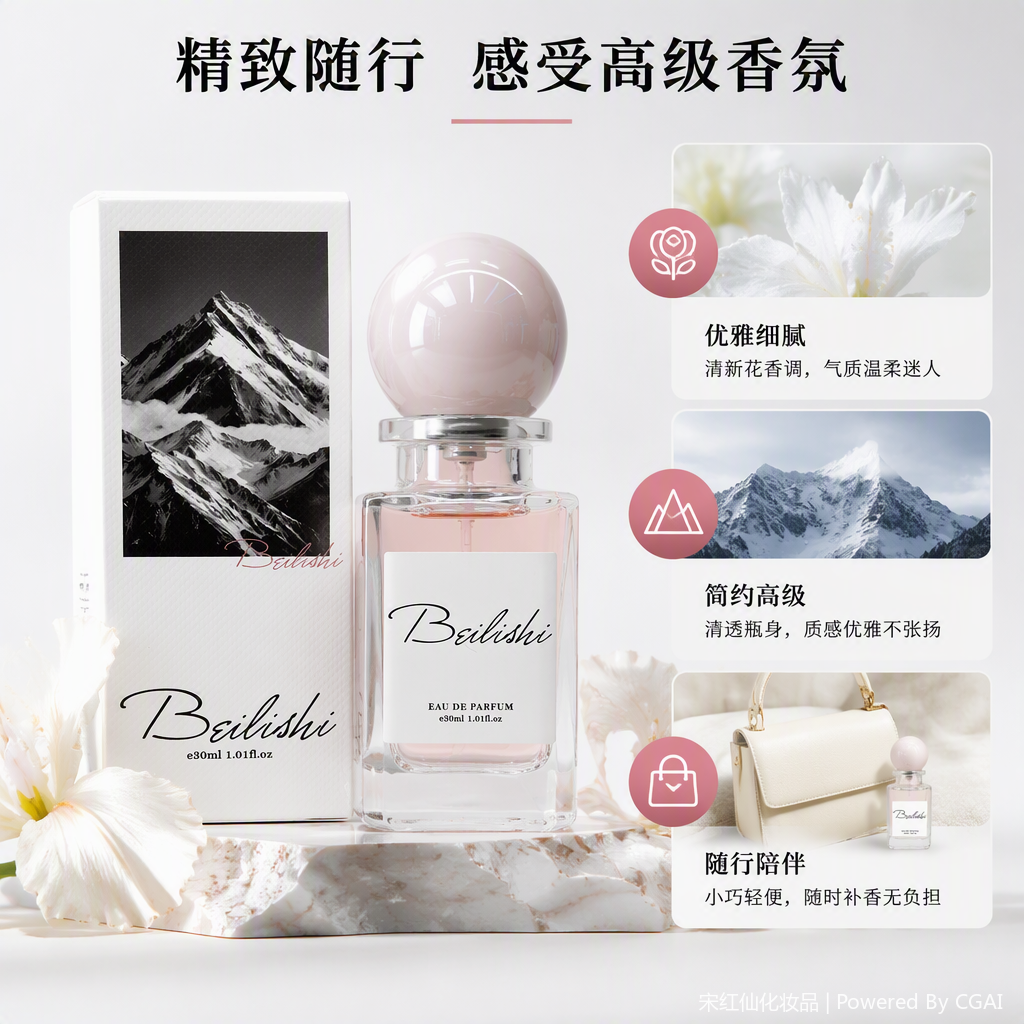 Ladies' perfume spray, transparent glass bottle, silver spherical cap, snow-capped mountain pattern, white packaging, perfume fragrance, Eastern and Western style