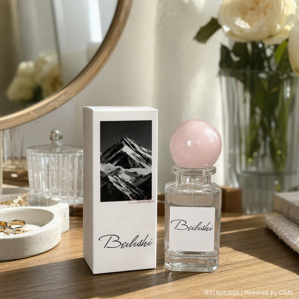 Ladies' perfume spray, transparent glass bottle, silver spherical cap, snow-capped mountain pattern, white packaging, perfume fragrance, Eastern and Western style details Picture