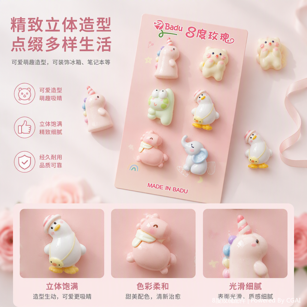 Pink card, six cartoon animal brooches, unicorn, kitten, frog, duck, piglet, elephant, cute accessories, gifts and decorations