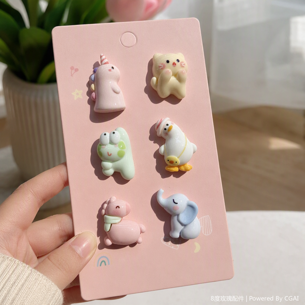 Pink card, six cartoon animal brooches, unicorn, kitten, frog, duck, piglet, elephant, cute accessories, gifts and decorations details Picture