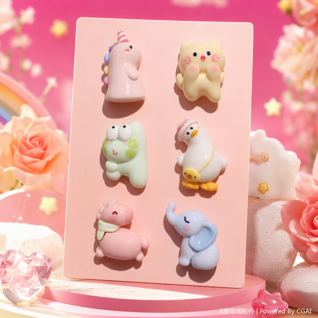 Pink card, six cartoon animal brooches, unicorn, kitten, frog, duck, piglet, elephant, cute accessories, gifts and decorations Specification image