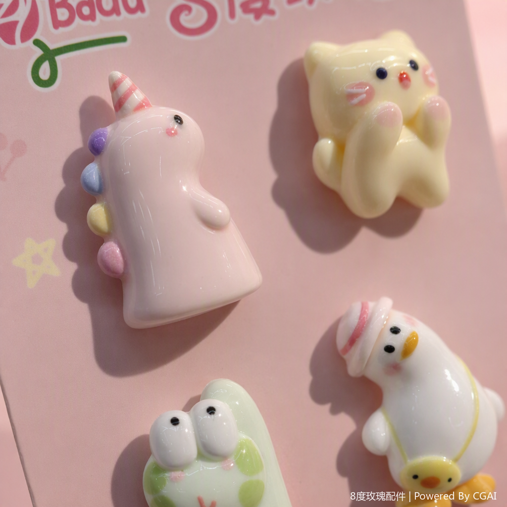 Pink card, six cartoon animal brooches, unicorn, kitten, frog, duck, piglet, elephant, cute accessories, gifts and decorations Application Scenario
