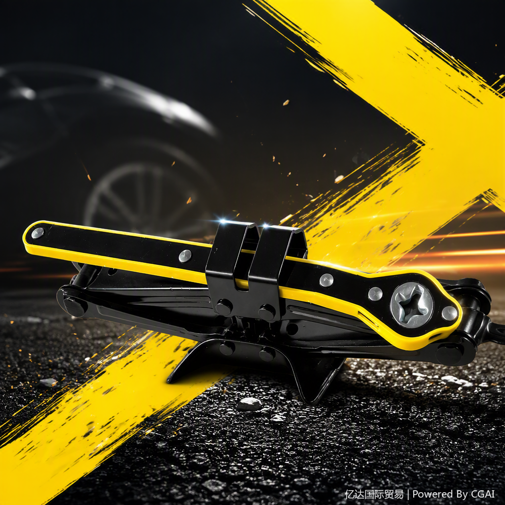 The multi-functional scissor jack is a black and yellow striped car maintenance tool, a lightweight and durable lifting and elevating device Specification image