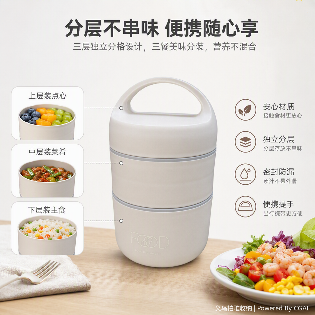 Многослойная пластмассовая портативная коробка для завтраков с тремя слоями белой упаковки, покрывающей обеденный стол для школьников