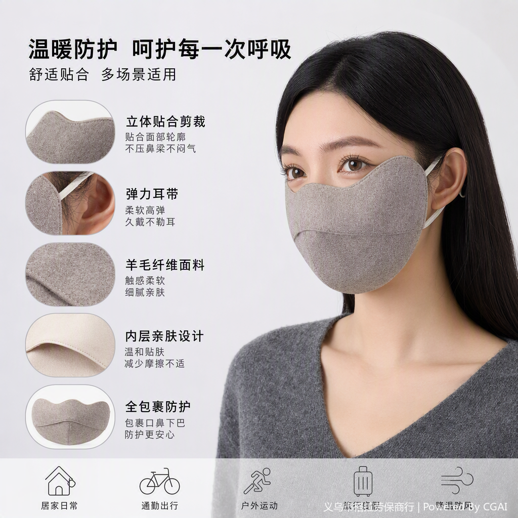 时尚羊毛口罩女士佩戴黑白灰色系保暖防尘防护舒适百搭款