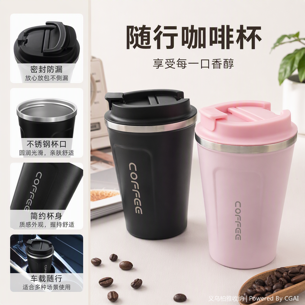 Fashionable thermos cup, suitable for both men and women, black and pink large-capacity portable thermos flask, student outdoor thermos