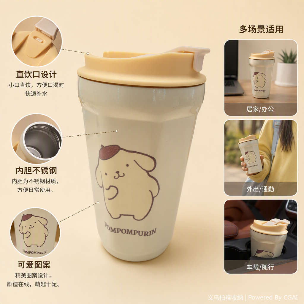 Beige ceramic cup with cartoon pattern, cute Pom Pom Purin creative tea set, office and home gift