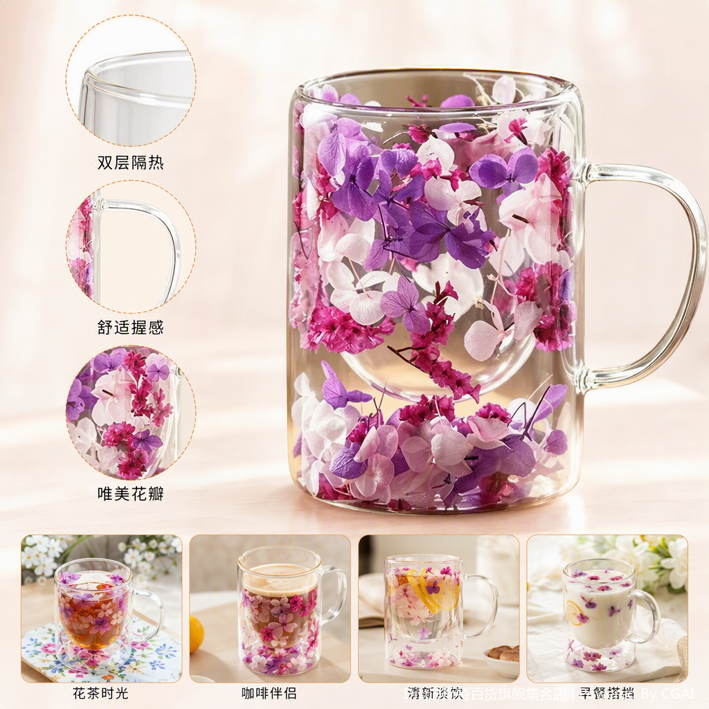 创意透明玻璃杯盛放紫白干花艺术摆件家居装饰品礼品赠送