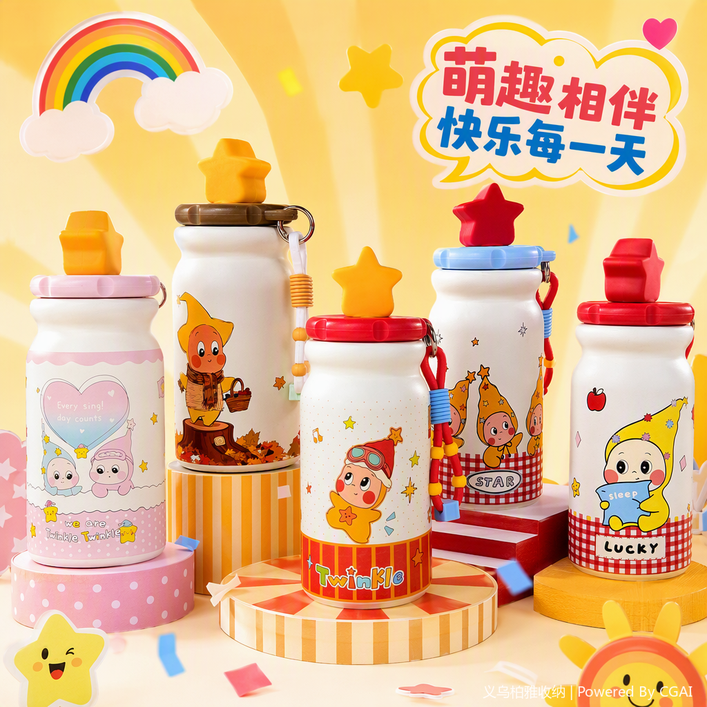 Creative colorful cartoon water cup for children, portable and leak-proof with straw, cute cartoon pattern summer new product Specification image