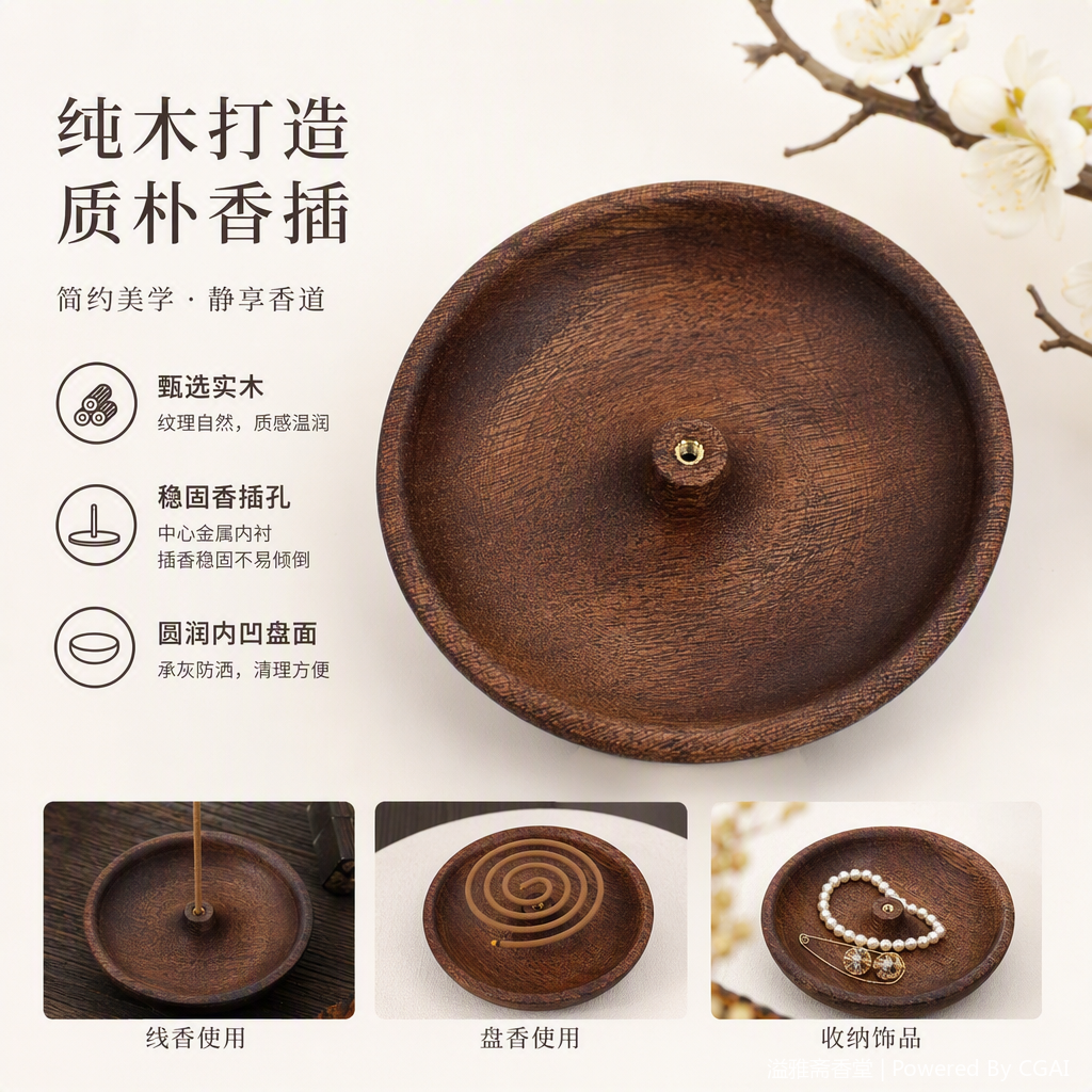 复古北欧风格木质圆形托盘多用途实木盘家居装饰摆件香插香炉