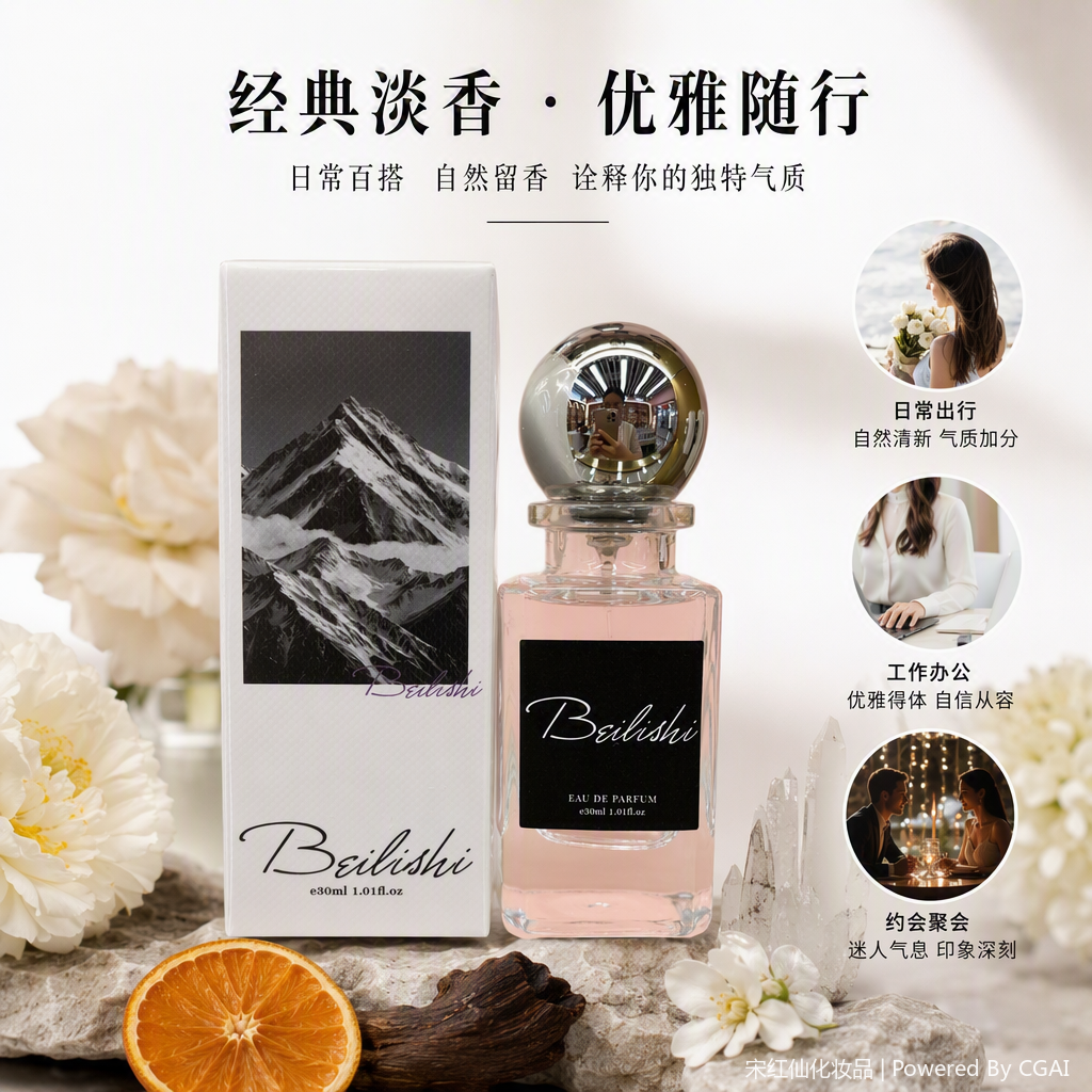 Ladies' fragrance spray, transparent glass bottle, silver spherical cap, snow-capped mountain pattern, white packaging, perfume and fragrance in a Chinese-Eastern style