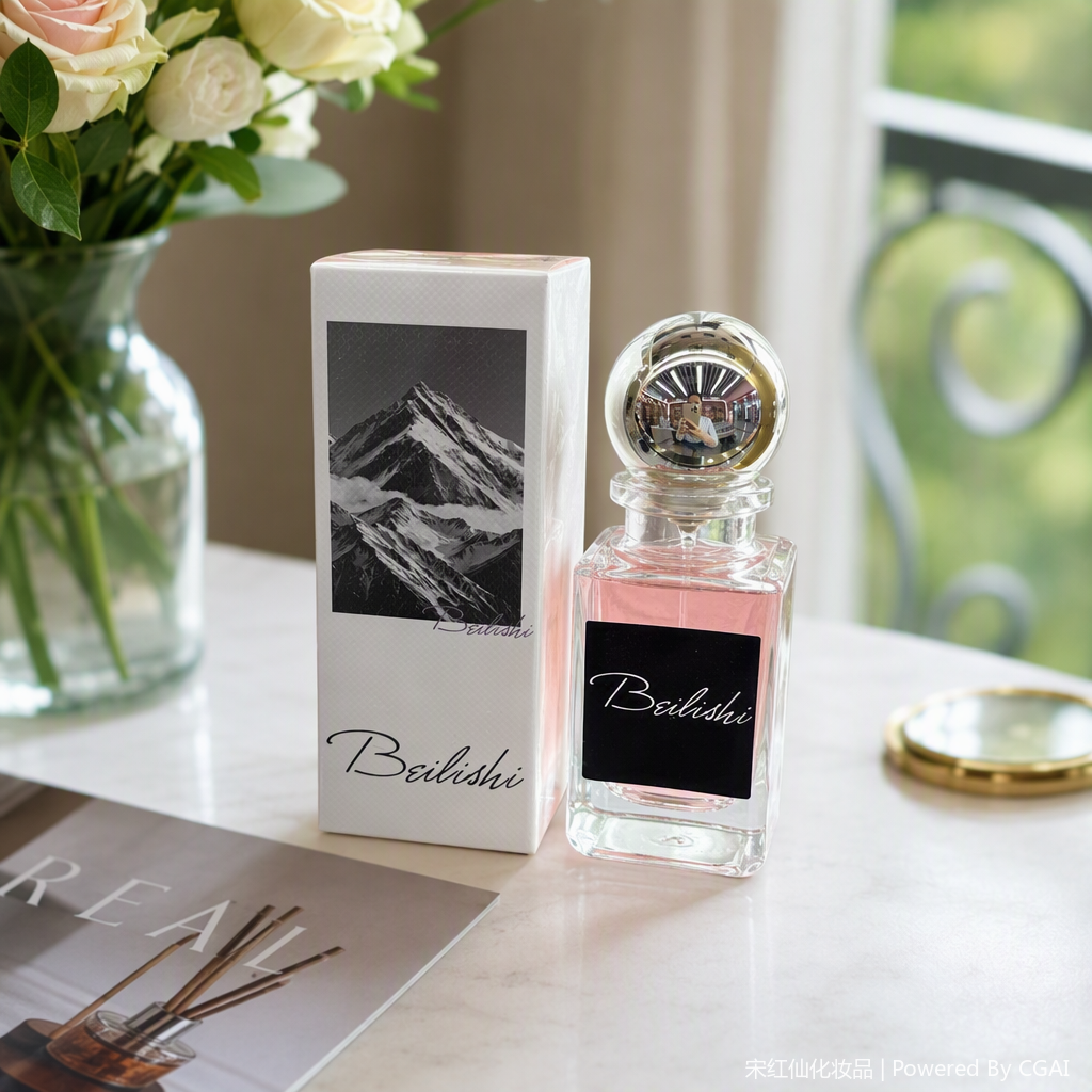 Ladies' fragrance spray, transparent glass bottle, silver spherical cap, snow-capped mountain pattern, white packaging, perfume and fragrance in a Chinese-Eastern style details Picture