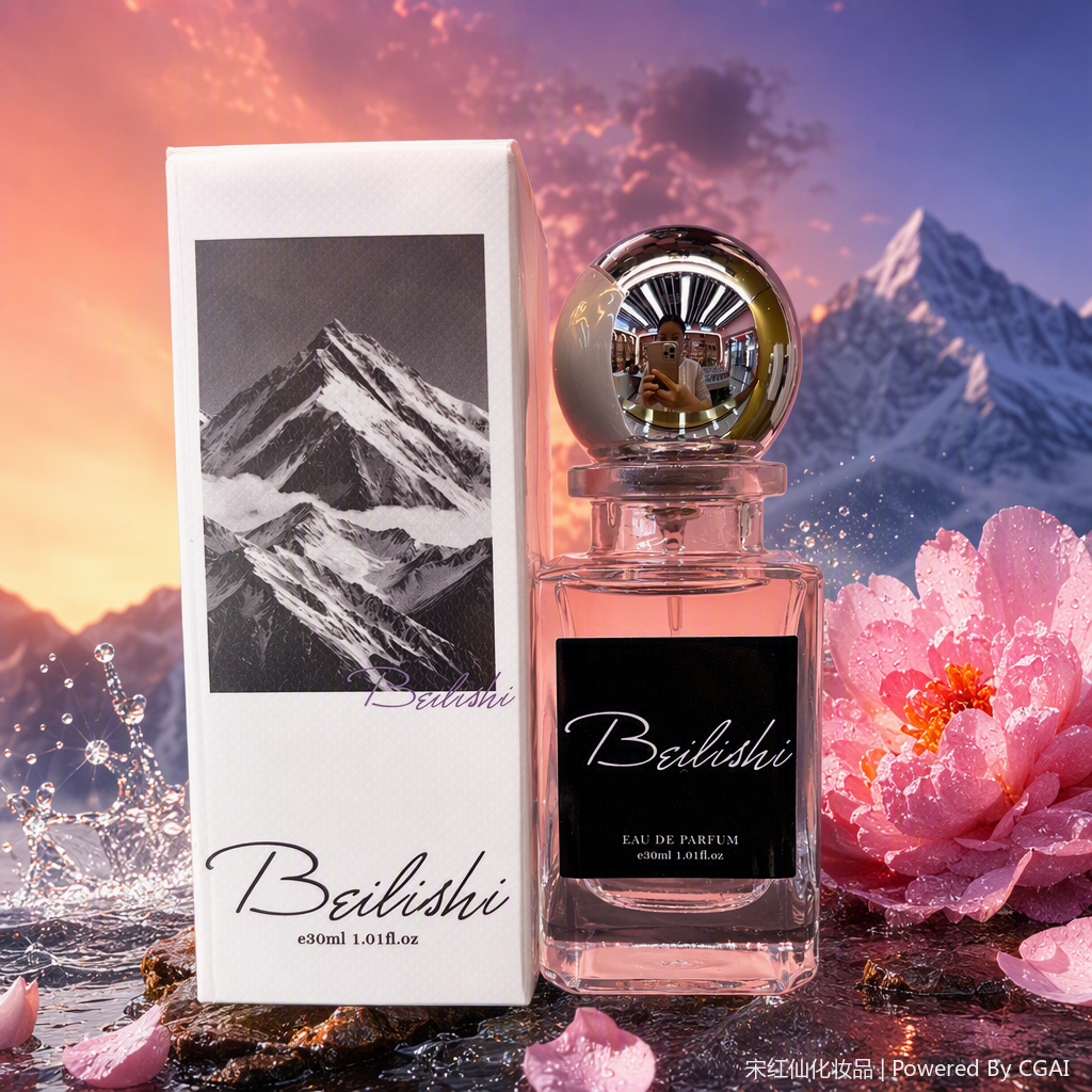Ladies' fragrance spray, transparent glass bottle, silver spherical cap, snow-capped mountain pattern, white packaging, perfume and fragrance in a Chinese-Eastern style Specification image