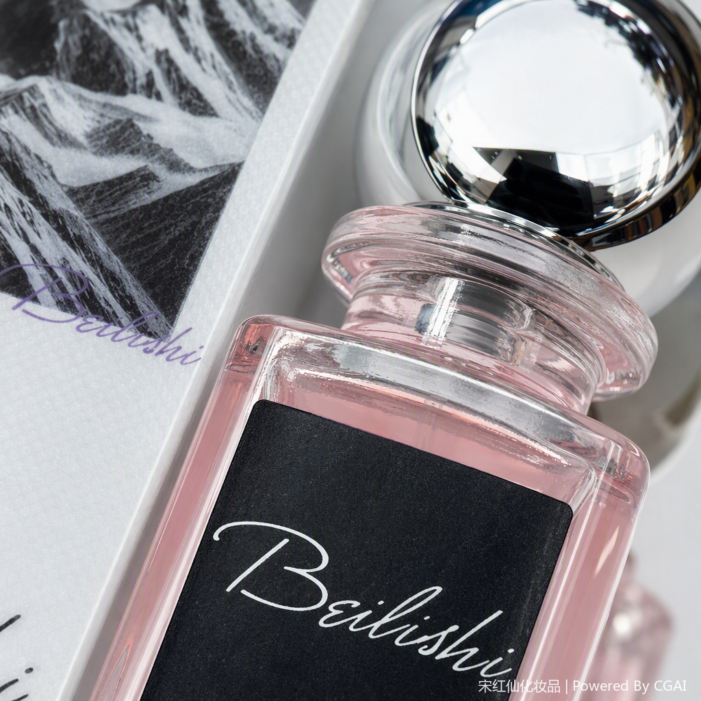 Ladies' fragrance spray, transparent glass bottle, silver spherical cap, snow-capped mountain pattern, white packaging, perfume and fragrance in a Chinese-Eastern style Application Scenario