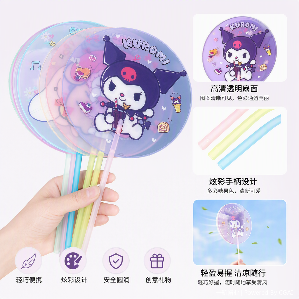多彩卡通圆形扇子手持夏日清凉折叠便携儿童成人卡通风扇