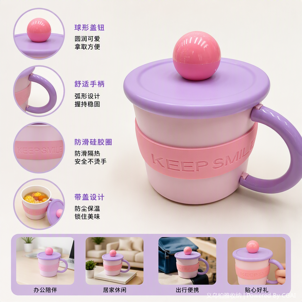 Pink and purple gradient insulated cup with pink spherical decorative lid and silicone sleeve, heat-resistant and heat-insulating portable water cup