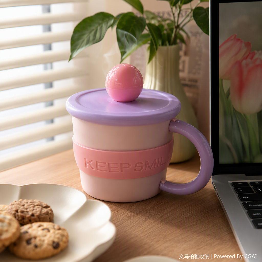Pink and purple gradient insulated cup with pink spherical decorative lid and silicone sleeve, heat-resistant and heat-insulating portable water cup details Picture