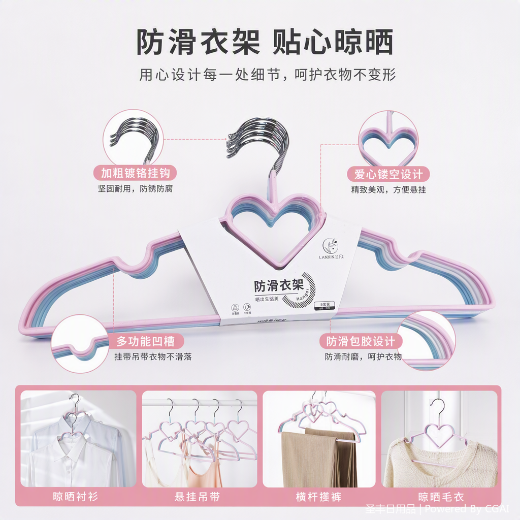 多彩心形防滑衣架衣柜挂件柔韧耐用收纳整理必备用品