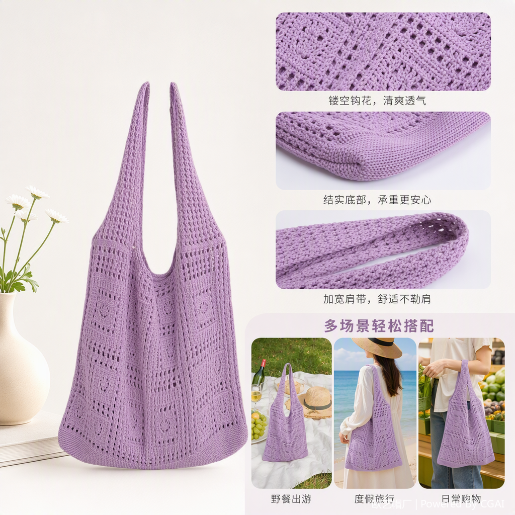 时尚手工钩针包包淡紫色编织包休闲百搭手提包女包潮流新款