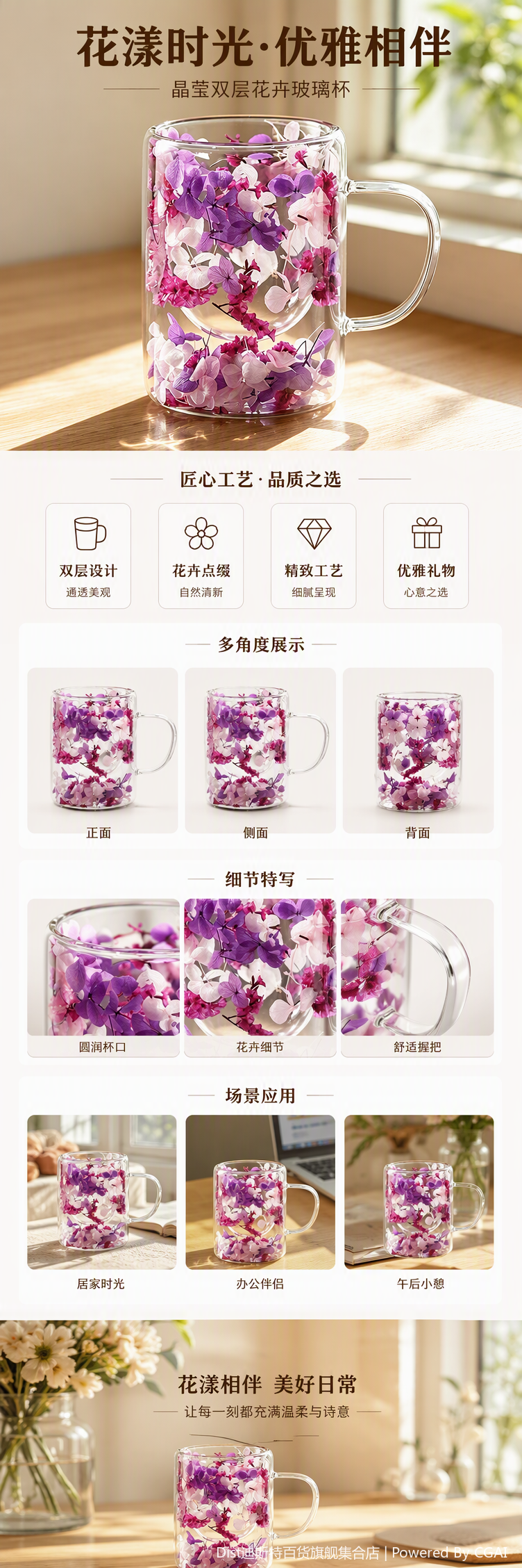 Creative transparent glass cups filled with purple and white dried flower art ornaments for home decoration as gifts pic 1