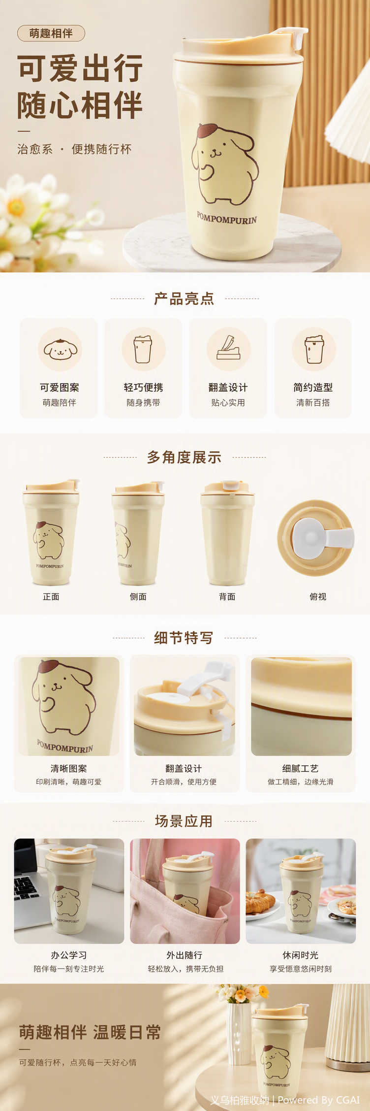Beige ceramic cup with cartoon pattern, cute Pom Pom Purin creative tea set, office and home gift pic 1