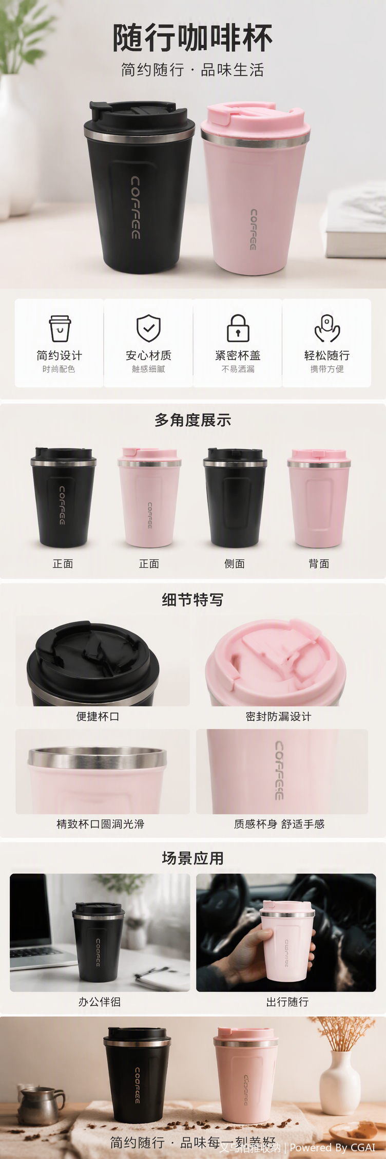 Moda thermos cup unisex negro rosa de gran capacidad thermos portátiles estudiantes al aire libre warmer pot pic 1