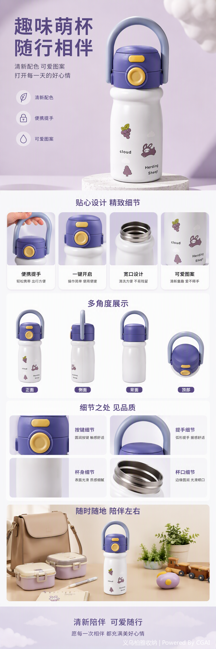 Fashionable purple glass water cup with handle, portable and creative tea cup, student household water appliance with large capacity pic 1