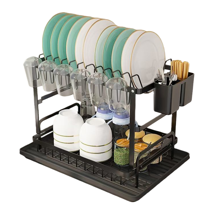 The multi-layer draining rack, kitchenware, black double-layer dish storage rack, transparent cups and seasoning jars are neatly and tidily arranged Item Picture