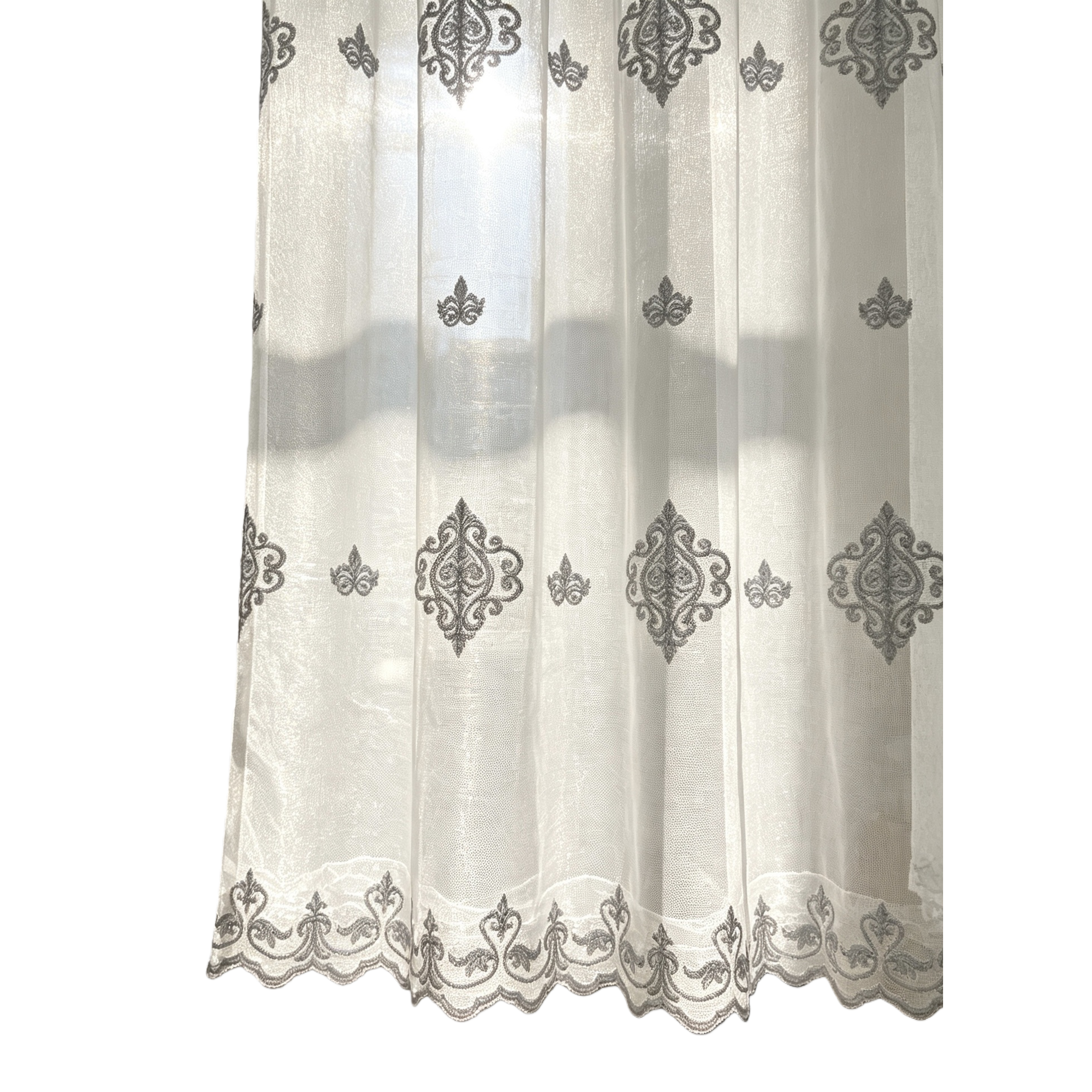 White lace curtains with retro pattern embroidery, grey decorative living room and bedroom window screens, light-transmitting and light-blocking fabric Item Picture