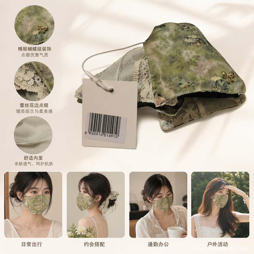 时尚绿色碎花蕾丝口罩防尘防雾透气舒适防护款式多样女款夏季必备