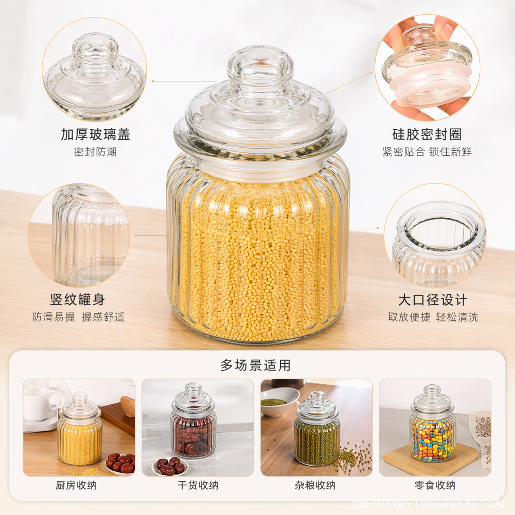 The transparent glass storage tank for red dates and millet is sealed and durable. The kitchen storage supplies are neat and convenient