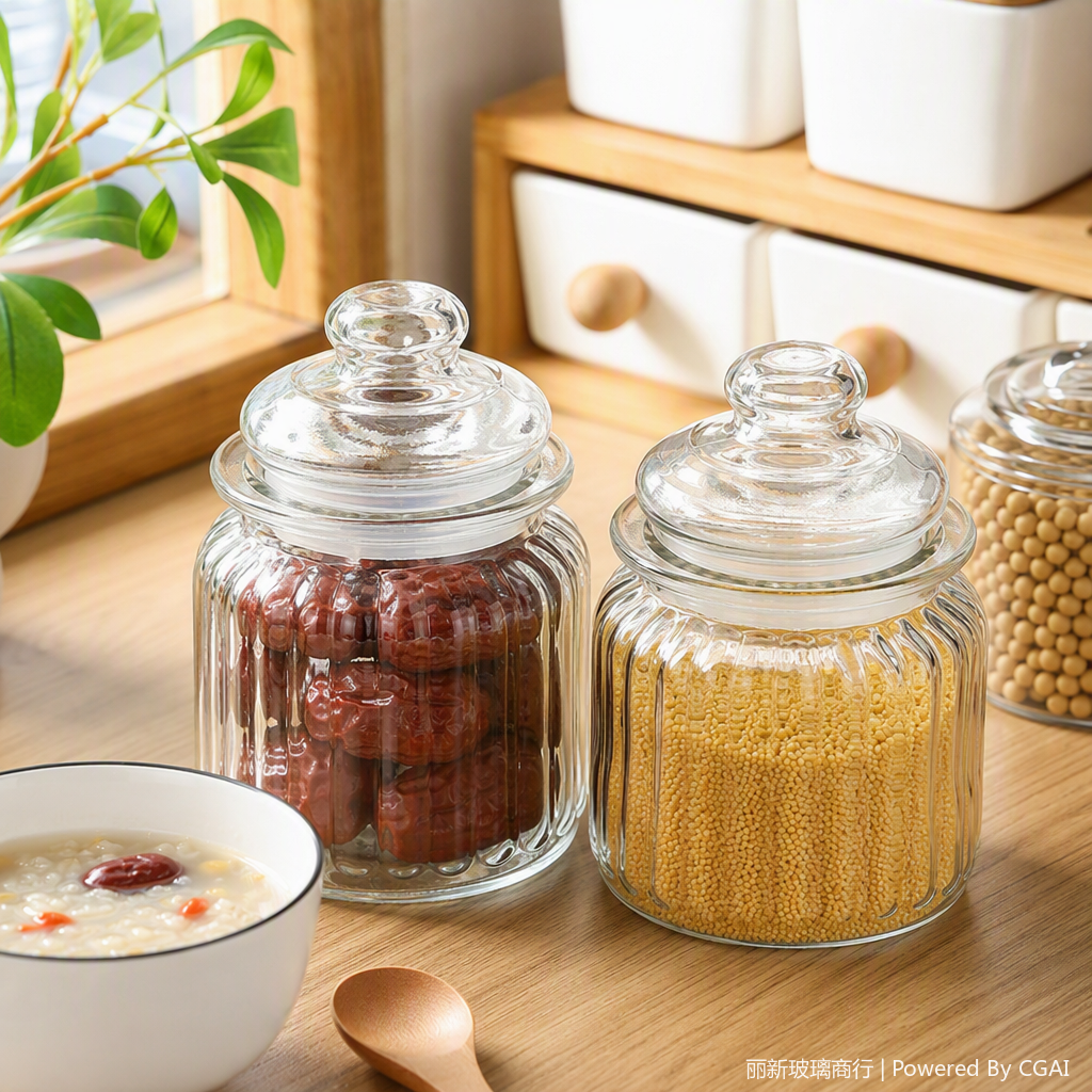 The transparent glass storage tank for red dates and millet is sealed and durable. The kitchen storage supplies are neat and convenient details Picture