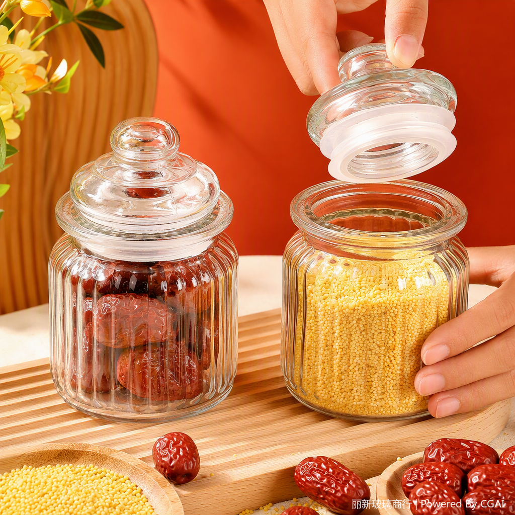 The transparent glass storage tank for red dates and millet is sealed and durable. The kitchen storage supplies are neat and convenient Specification image